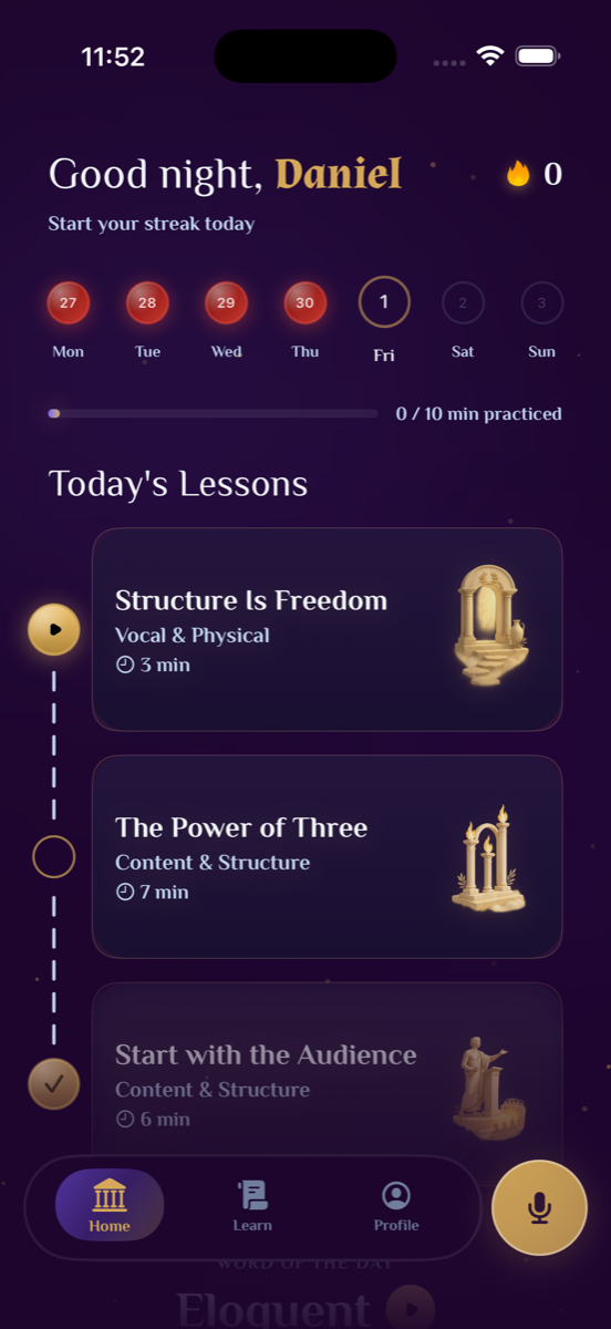 Orator home screen — Good night, Daniel and today's lessons