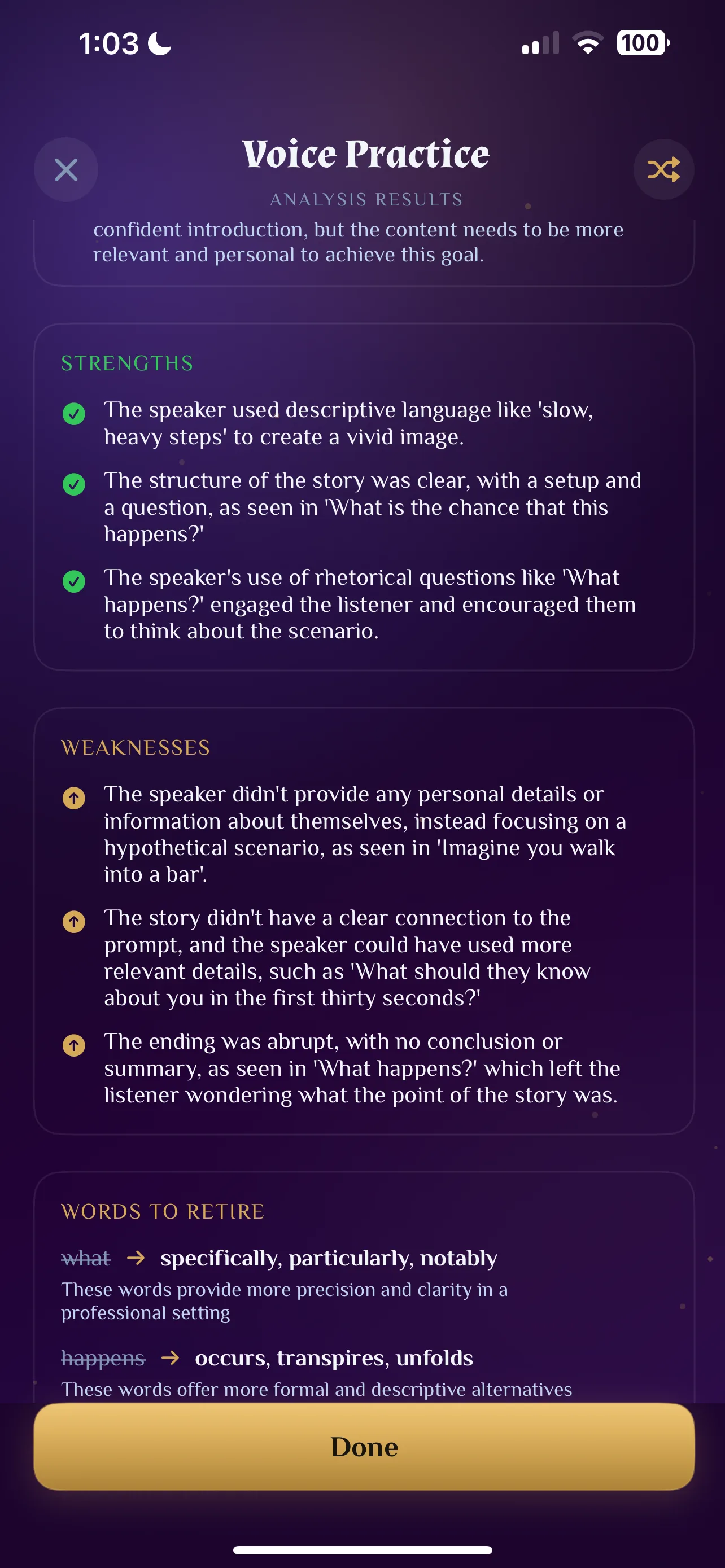 Orator detailed speaking feedback screen